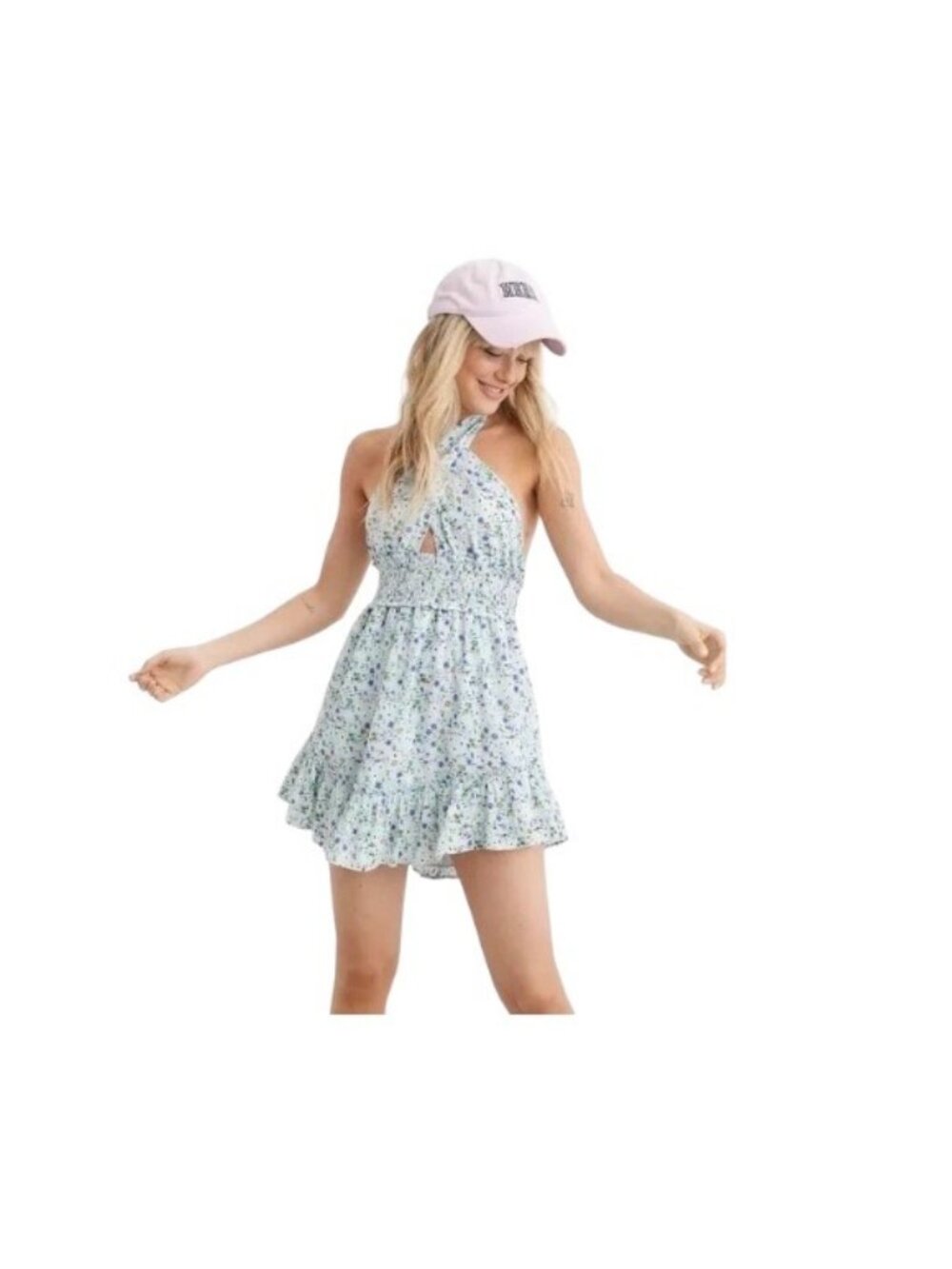 Aerie Halter Floral Mini Dress Blue Size M Romantic Coquette Spring Travel Beach